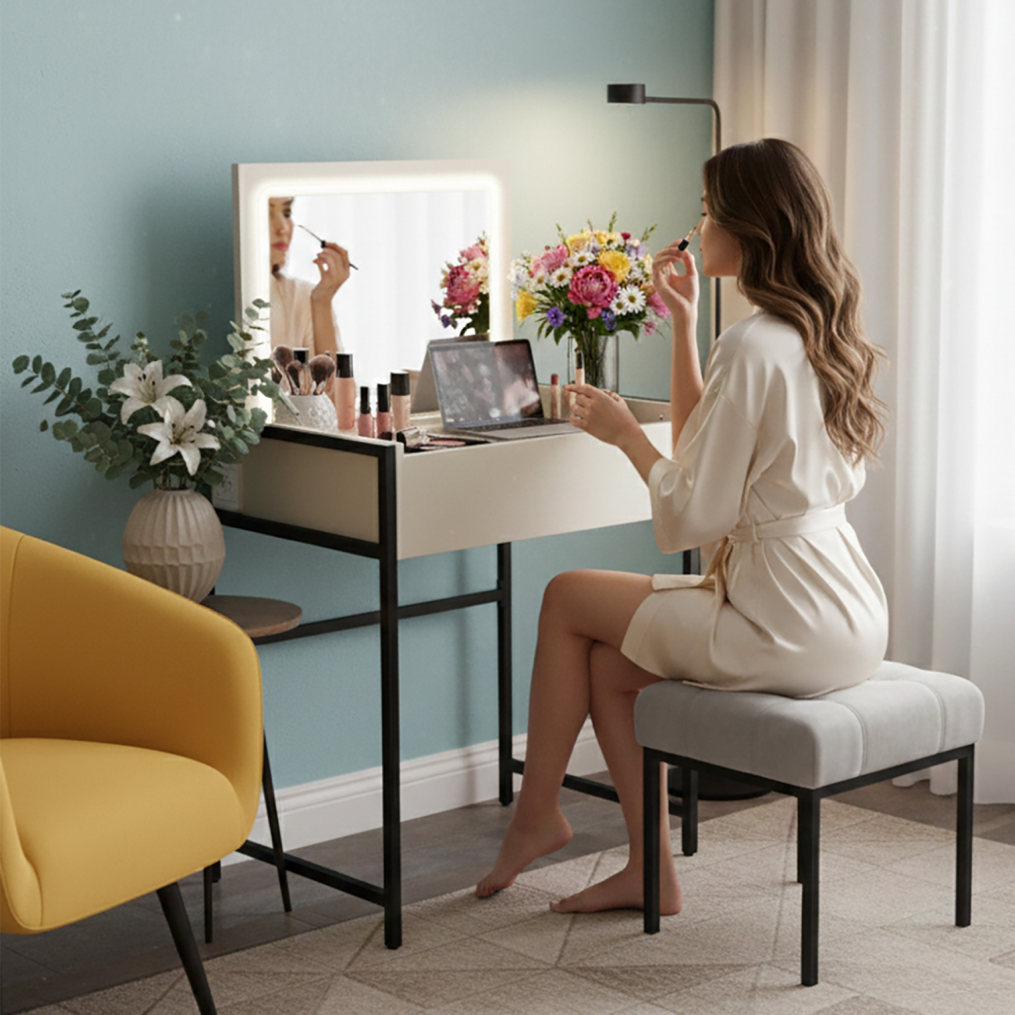 Гримёрный стол для макияжа с зеркалом и LED подсветкой / трюмо с розеткой 220В / стол визажиста / Allis Loft 700 (Кашемир)